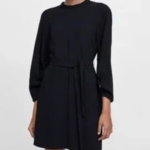 Zara Belted Black Long Sleeve Dress